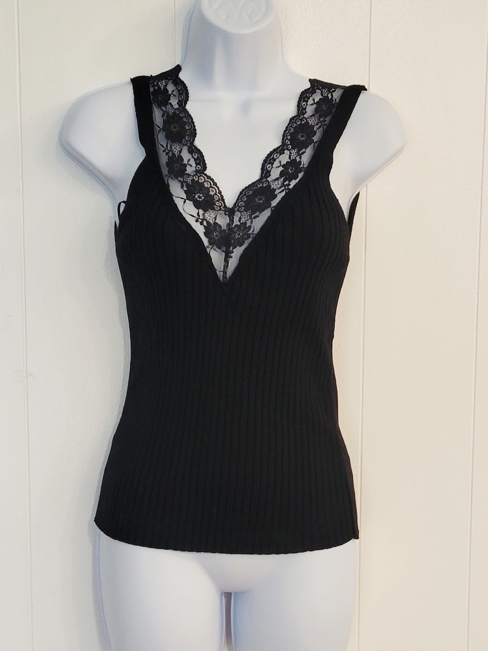 H&M Black Ribbed V-Neck Tank with Lace Trim